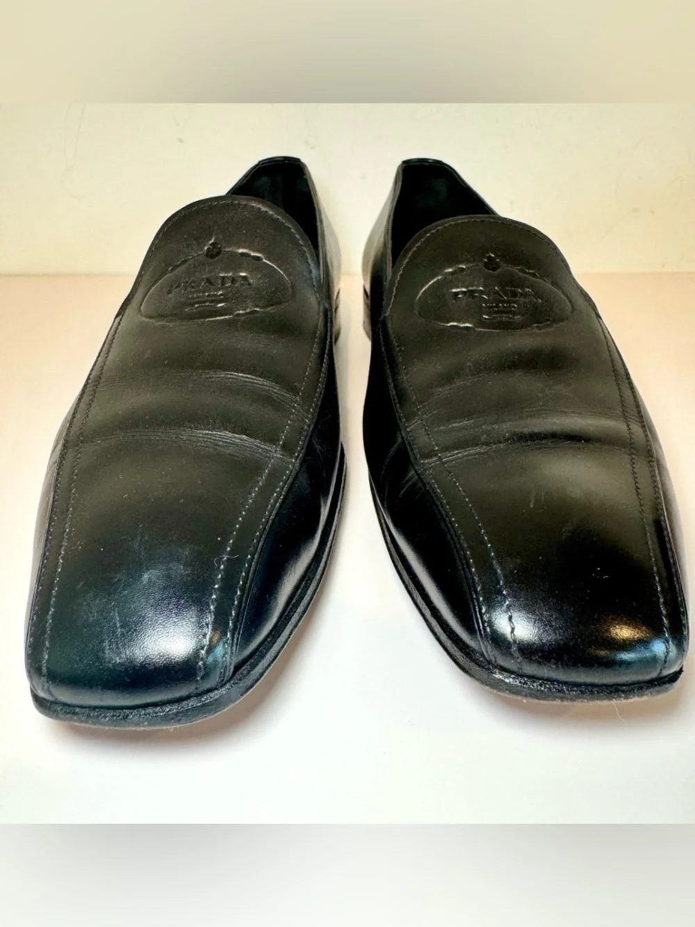 Prada Black Leather Logo Embossed Men’s Slip On Loafers, Sz 8.5